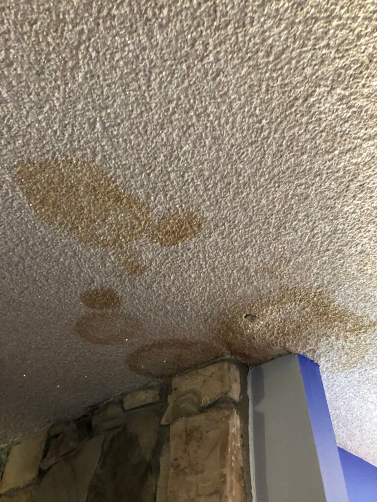 Ceiling water damage from roof leak in Southern California home
